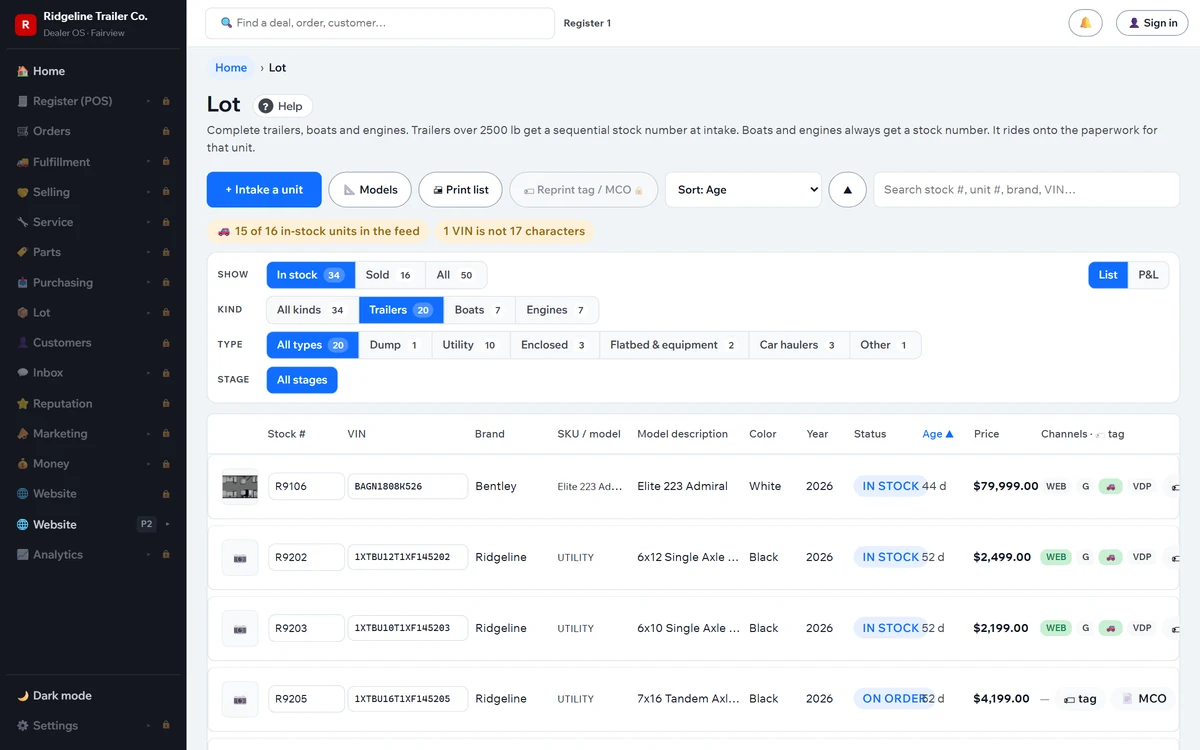 The Lot screen listing serialized trailers by stock number and VIN with brand, model, year, in-stock or on-order status, days on the lot, price, and a feed-ready count showing how many in-stock units are live in the vehicle feed.