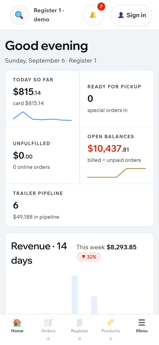 Opensign running on a phone: the same home dashboard with today's takings, ready for pickup, unfulfilled, open balances and the trailer pipeline stacked two-up, a revenue chart below, and a bottom tab bar for Home, Orders, Register, Products and Menu.