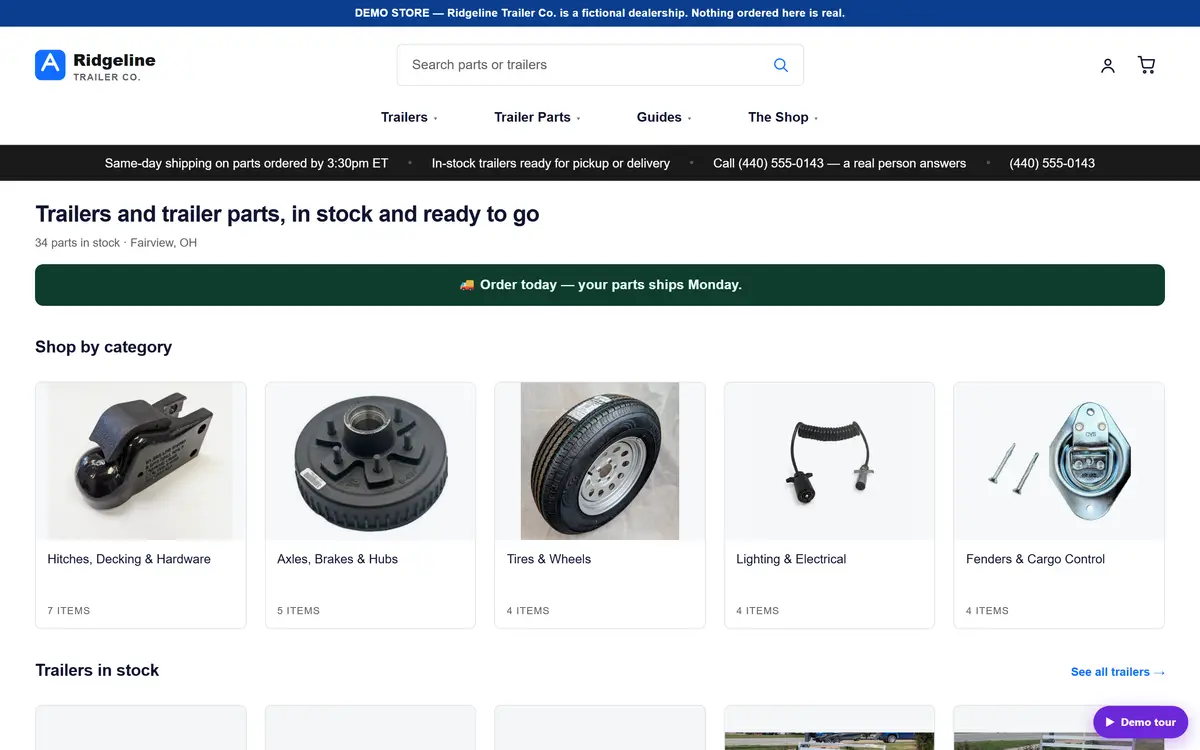 The dealer's own storefront home page: category navigation for trailers and parts, a shipping-cutoff promise, a live in-stock parts count, shop-by-category tiles and a row of trailers in stock.