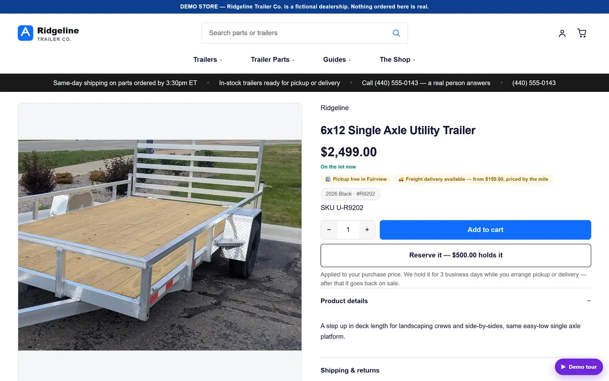 A product page on the store's own domain with price, stock, pickup location and delivery options.